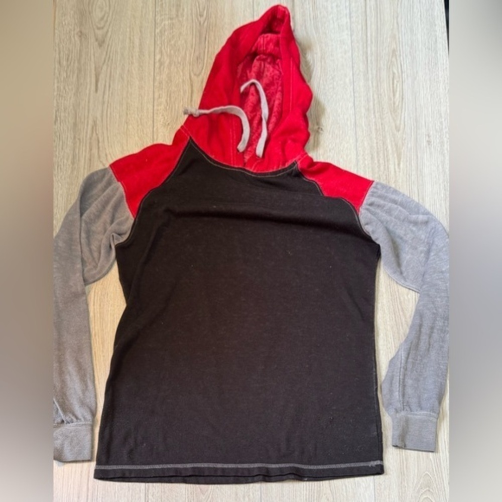 Buckle black Red and Gray Color-Blocked Hoodie Sweatshirt hooded sweater